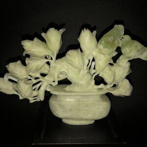 LARGE! "Mutton Fat Jade" Bonsai & Birds Sculpture Nephrite Figurine Carving